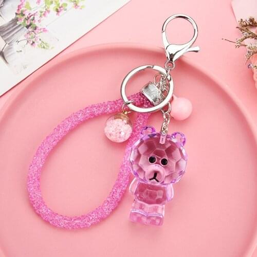 Transparent Acrylic Bear Keychain Cute Animal Bear Drill Rope Bell Accessories Keyring for Women Girl Car Bag Key Chains