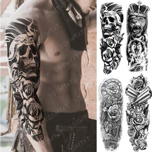 Large Arm Sleeve Tattoo Clocks Rose Gun Lion Waterproof Temporary Tatto Sticker Flower Time Body Art Full Fake Tatoo Women Men