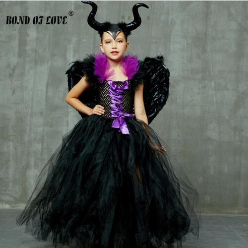 Children Clothing Maleficent Evil Queen Girls Tutu Dress with Horns Wings Halloween Cosplay Witch Costume for Kids Party Dress