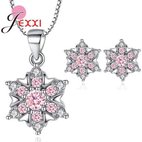 100% 925 Sterling Silver Jewelry Set Snowflake Cubic Zircon Pendant Necklace Stud Earrings for Women Ladies Wedding Engagement