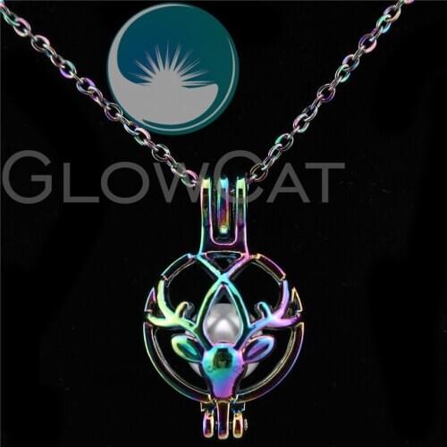 C394 Rainbow Color New Year Elk Beads Cage Perfume Essential Oil Diffuser Oyster Pearl Cage Locket Necklace
