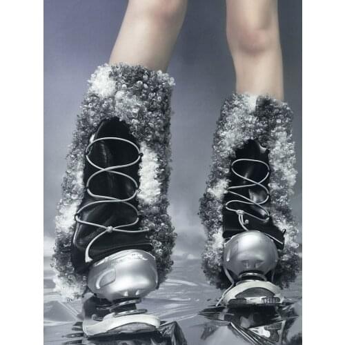 Original Design Dark Gothic Plush Grey Knee Sleeve Japanese Harajuku Hot Girls Grunge Lace-up Leg Cover girls socks Winter