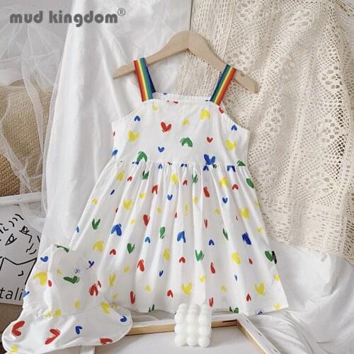 Mudkingdom Girl Heart Sleeveless Dress Summer Print Rainbow Sling Square Collar Princess Dresses Kids Casual Clothes Send Hat
