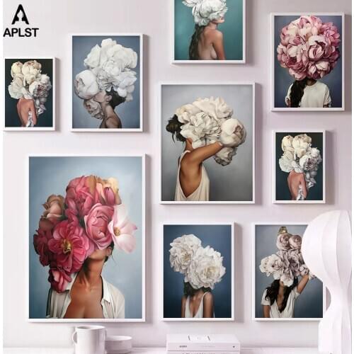 Flower Head Women Feather Posters and Prints Nordic Figure Canvas Painting Girls Wall Art Flower Picture for Living Room Bedroom