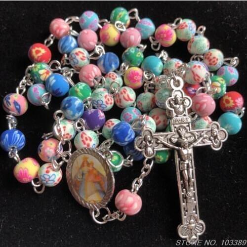 Multicolor 6mm polymer clay bead catholic Rosary necklace with jesus cross in antique coating
