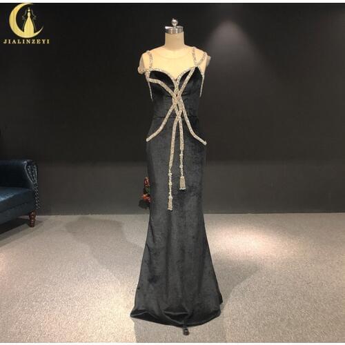 Rhine real Pictures Marchesa Black Velet with Crystal Mermaid sexy back arabic evening dresses long