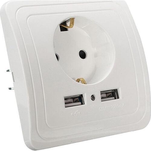 EU Plug 2-Ports USB Safety Wall AC Power Socket Charger Station Outlet Jack for Household