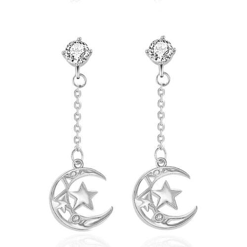 S925 Sterling Silver Star and Moon Earrings Female Fashion Temperament Long Tassel Earrings