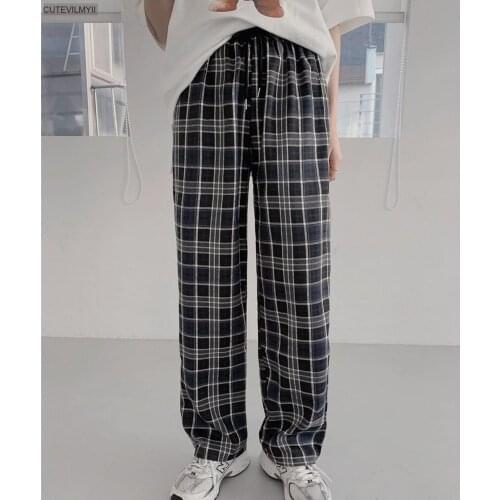 Vintage Plaid Pant Elastic Waist Women High Waist Plus Size Wide Leg Pants Casual Female Korean Women Trousers