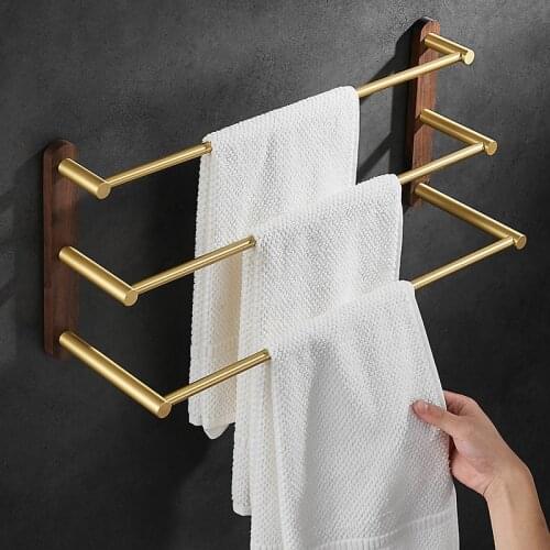 European Towel Hanger Nail Free 38-58 CM Towel Rack Wood and Aluminum Brushed Gold Towel Bar Rail Two/Three Bars Towel Holder