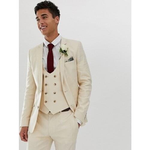 Custom Made Groomsmen Beige Groom Tuxedos Notch Lapel Men Suits Wedding Best Man 3 Pieces ( Jacket+Pants+Vest+Tie ) C872