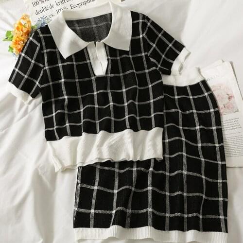 Summer Womens Sets Elegant Two Pieces Suit Short Sleeve T Shirts and High Waist Mini Skirt Plaid Outfits Blouse Y2k Streetwear