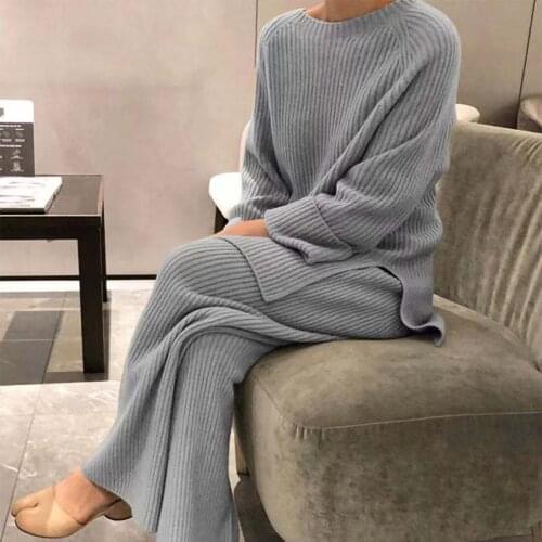 2021 New Fashion Winter Womens Thicken Warm Knitted Pullover Sweater Two-Piece Suits +High Waist Loose Wide Leg Pants Set