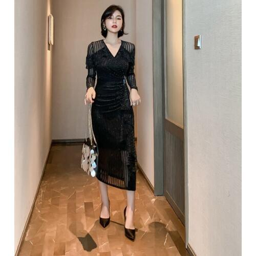 2019 Women Long Sleeve V Neck Bright Silk Ruffles Dress Autumn Vintage Bandage Dress Black Vintage Sexy Party Dresses Vestidos
