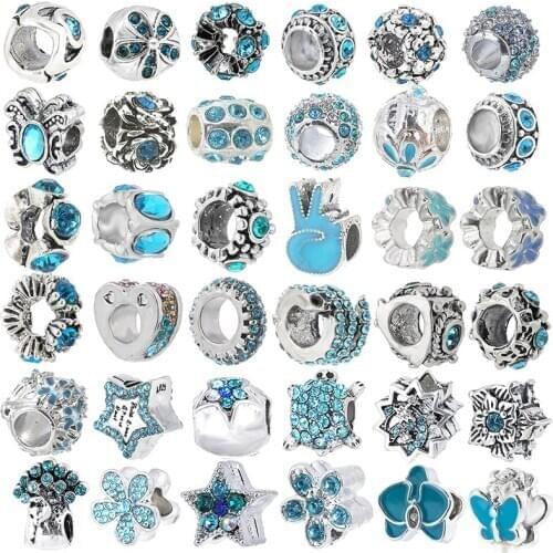 2Pcs Blue Crystal Rainbow Star Tortoise Flower Charms Beads Pendant Fit Original Brand Bracelet Necklace DIY For Women Jewelry