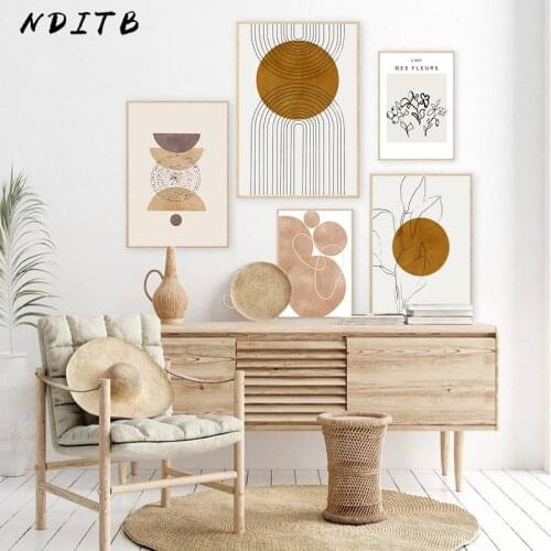 Abstract Geometric Graphic Canvas Poster Sun Plants Leaf Wall Art Print Boho Minimalist Painting Modern Home Decoration Picture