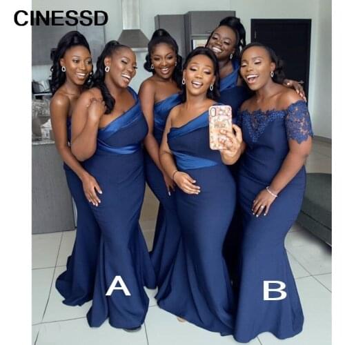 African Black Girls Bridesmaid Dresses 2021 Long Elastic Satin Mermaid Wedding Party Dress One Shoulder Women Formal Prom Gown