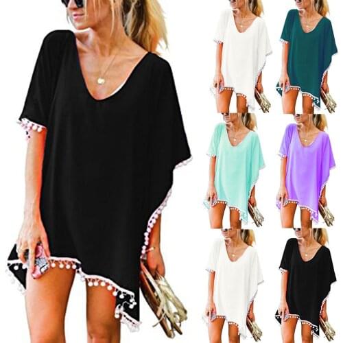 Womens Blouses Trim Kaftan Chiffon Tassels Blouses Beach Loose Bikini Cover Up Tops Sexy Summer Beach Wear Summer Blouses 2021