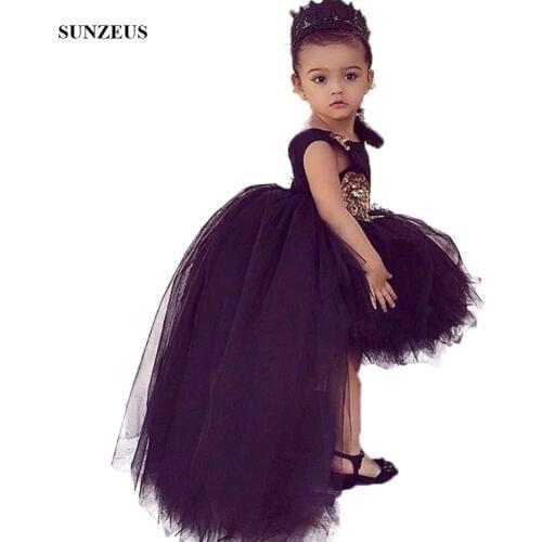 Black Flowers Girls Dress Short Front Long Back Tulle Party Dresses For Childern High Low Puffy Kids Birthday Gown FLG006