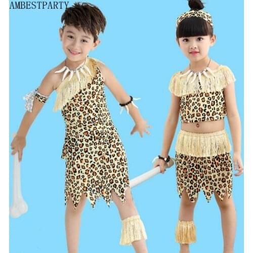 Cospiay Halloween native costume Hunter leopard print Savages Adult Kids dress Family fitted performance Clothing AMBESTPARTY