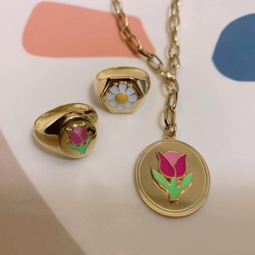 FFLACELL 2020 Korea New Hot Cute Small Daisy Tulip Metal Flower Rings For Women Girls Jewelry Gifts