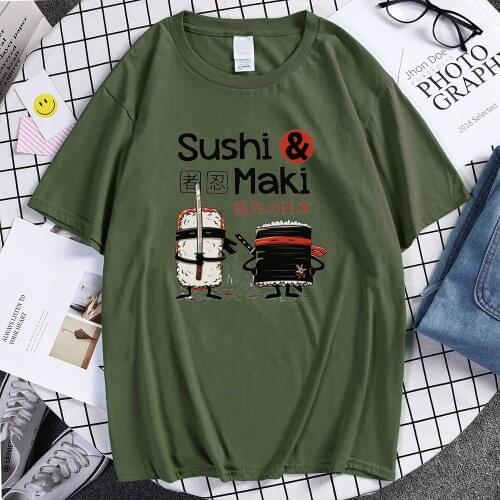 Sushi Maki Ninja Kawaii Style Funny Style Print Printing Tshirts Male Fashion Tshirt Quality Clothes Solid Color Male Tee Shirt