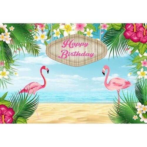 Hawaiian Style Photography Background Tropical Plants Pink Flamingo On The Seaside Backdrop For Girls Birthday Party Photo Props