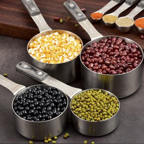 4Pcs/5Pcs/10Pcs Stainless Steel Measuring Spoons Wooden Handle Cups for Dry and Liquid Kitchen Accessories Baking Tool