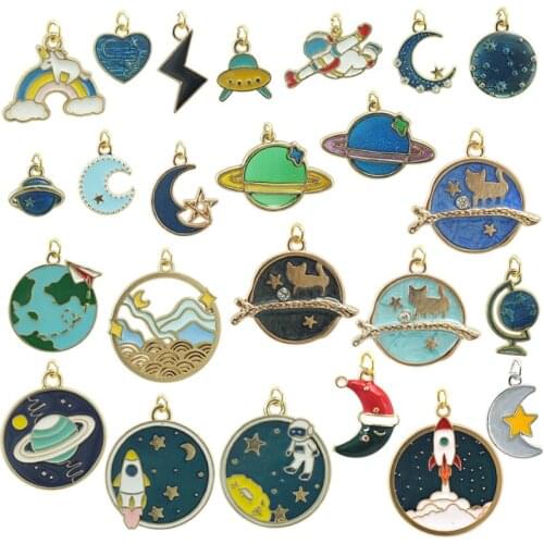 JINGLANG Mixed Metal Enamel Moon Stars Planet Charms Pendants Ornaments for Bracelet Earrings Jewelry Making Kids Gift 30pcs