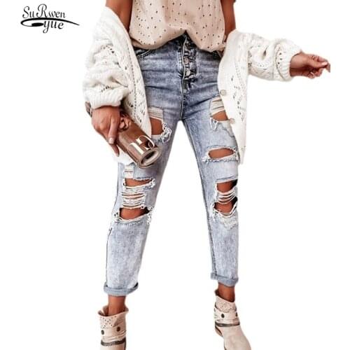 Korean Style Distressed Jeans Vintage Mom Jeans Mid Waisted Jeans Women Ripped Boyfriend Jeans for Women Blue Denim Pants 15314
