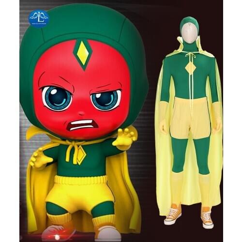 Wanda Vision Cosplay Superhero Vision Cosplay Costume Men Jumpsuit Green Avenger Halloween Outfits Cloak Yellow Custom Made