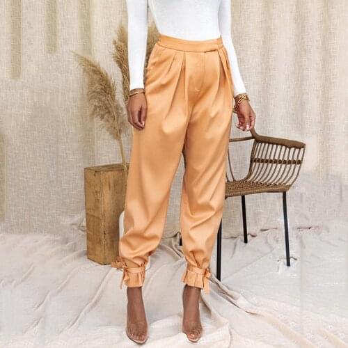 2021 Summer Stain Smooth Harem Pants High Wauist Zipper Bandage Black Solid Trousers Women White Fall Full Length Sweatpants
