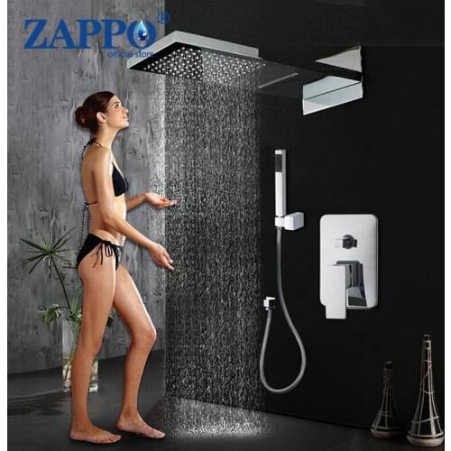 ZAPPO Bathroom Shower Faucet Sets Chrome Polished Rainfall Shower Head Hand Shower 3 Functions Shower Kit Tap Wall Mount Taps