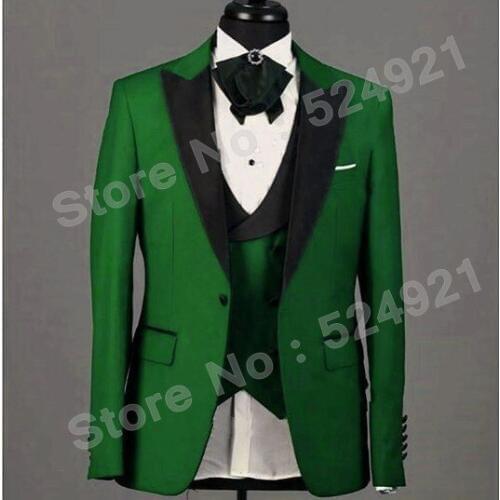 Newest Groomsmen Green Groom Tuxedos Peak Black Lapel Men Suits Wedding Best Man Blazer ( Jacket+Pants+Vest+Tie ) C457