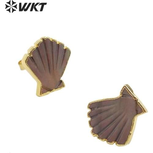 WT-E603 WKT Newest exclusive design fashion gold trim sector shell studs girl populared boho style elegant natural shell studs