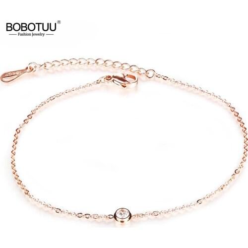 BOBOTUU Cubic Zirconia Anklet Foot Jewelry Rose Gold Anklet Bracelet Leg Chain Stainless Steel Anklets Women Jewelry BA19034