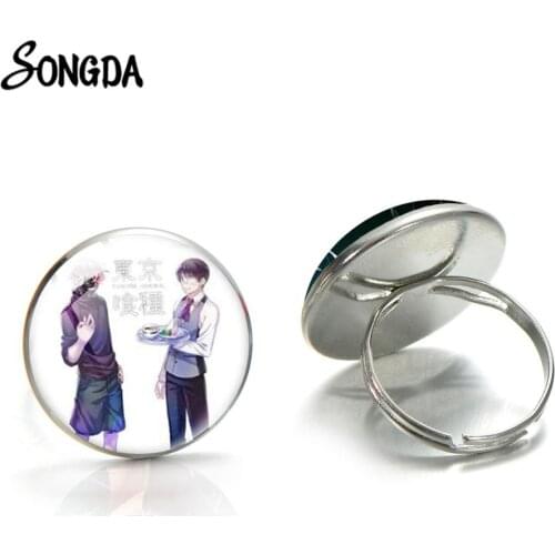 Tokyo Ghoul Ken Kaneki Finger Ring Anime Photo Round Silver Color Glass Cabochon Rings Handcrafted Jewelry Cosplay Gift
