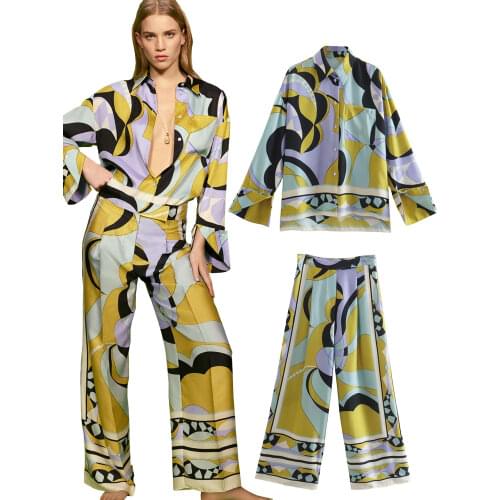 2021 Autumn Women Sets Vintage Flowers Print Home Leisure Satin Shirts And Long Pants Set Silky Comfortable Blouse Female Suit