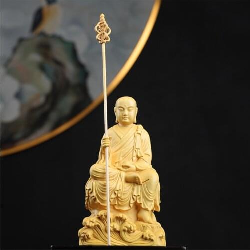 Boxwood 14cm Ksitigarbha Sculpture Wood Buddha Statue Sitting Monk Figure Waves Buda Collection Home Decor