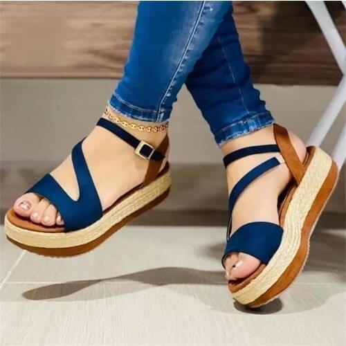 Womens High Quality PU Solid Color Buckle Open Toe Flat Heel Platform Non-slip Comfortable Fashion Casual Sandals