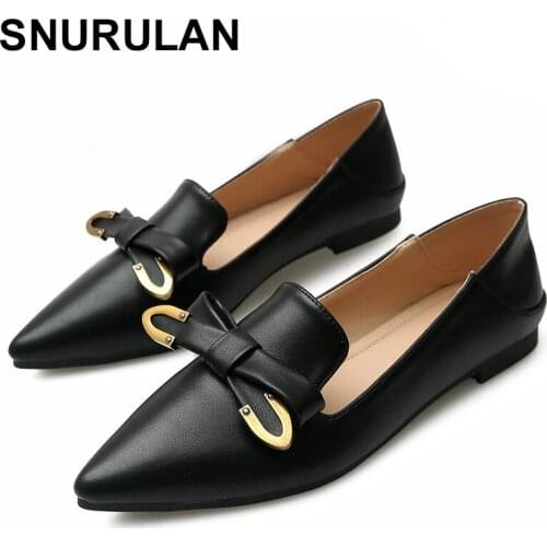 SNURULANSpring Summer Women Flat Shoes Big Size Elegant Fashion Comfortable Leather Casual Shoes Soft Sole Bowknot Lady Slip-on