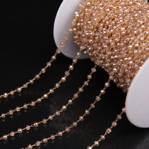 5meters/2x3mm Champagne Glass Faceted Rondelle Bead Link Chain,Copper Brass Wire Wrapped Rosary Chain,DIY Crafts Necklace