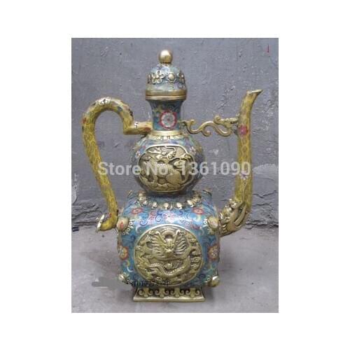 Xd 001251 13"Chinese Royal Cloisonne bronze chrysanthemum dragon Kirin Kylin Teapot
