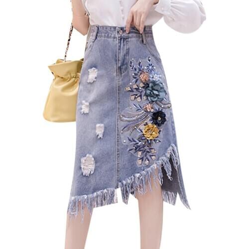Summer Fall Women Beading Flower Tassel Irregular Hollow Out Denim Skirt Designer Woman Embroidery Slim Jeans Skirts Plus Size