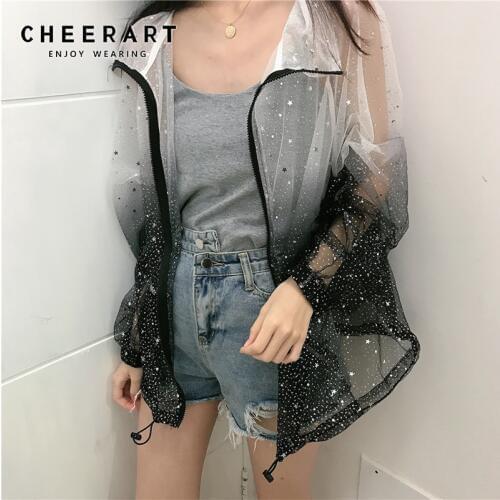 Cheerart Transparente Sequin Summer Cardigan Blouse Jacket Women Gradient Star Print See Through Loose Korean Blouse