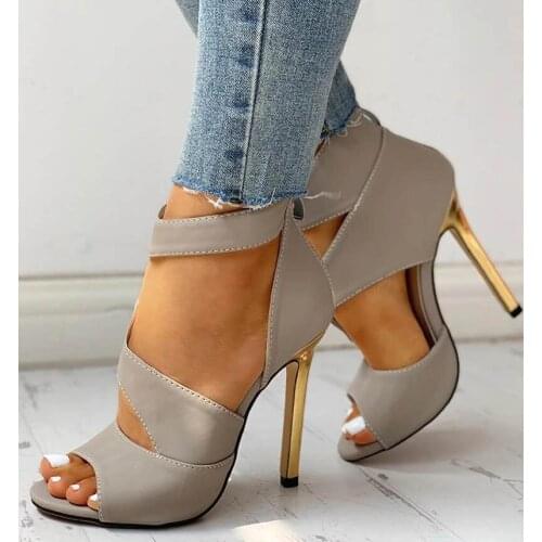 2021 Women Thin High Heels Summer Thin High Zipper Peep Toe Sandals Office Hollow Out Sandals Shoes Ladies High Heels Pumps