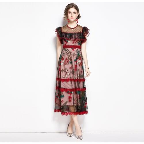 Women Summer Dresses Office Lady A-LINE Printing Mid-Calf Women Dresses O-Neck Party Night Elegant Flowor 2021 New Women Dresses
