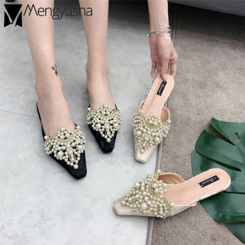 Pantuflas Mujer 2019 sweet lace babouche femme brand luxury pearl beading mules women shoes square slip on flat slippers crystal