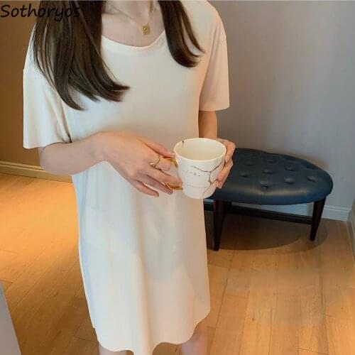 Women Simple Sleepshirts Basic Solid Candy Color Side Slit Cozy Elasticity Female Nightgowns High Quality Trendy Knee Length New
