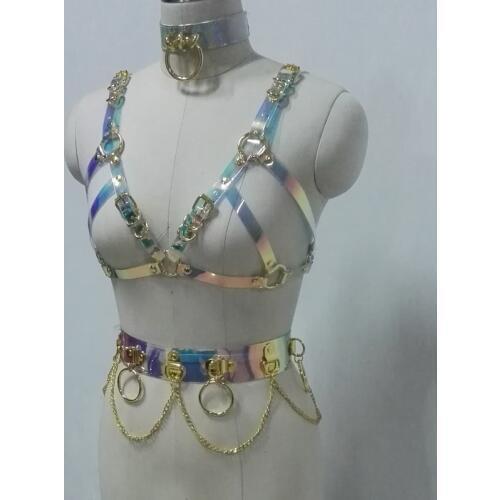 100% Handcrafted Holographic PVC Choker Gold Metal Bra Crop Top Bondage Laser Rainbow Waist Belt Chains Cosplay